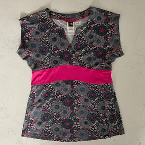 The North Face Activewear Pull On Cap Slv VNeck Print Top Grey Pink Sz XS